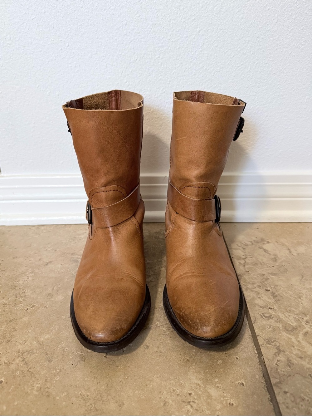 Zara Tan Leather Mid-Calf Double-buckle Biker/Engineer Boots